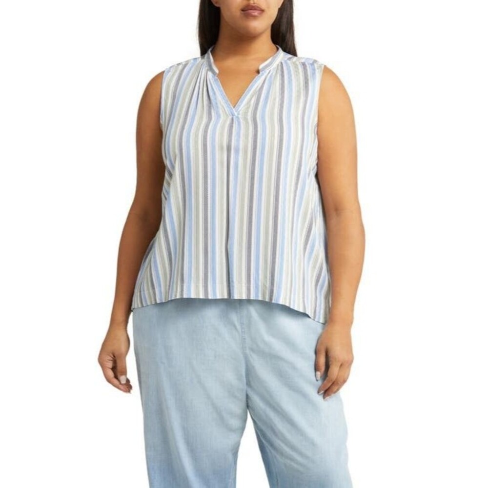 Caslon Stripe A-Line Sleeveless Top in Green Dune- Blue Harper Stripe Sz S NWT